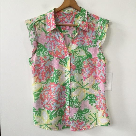 Lilly Pulitzer Dusti Mariposa Swiss Dot Floral Flutter Sleeve Blouse - Picture 3 of 3
